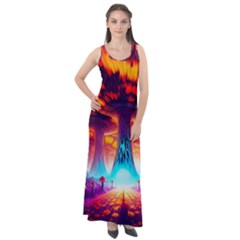 Sci-fi Fantasy Art Painting Colorful Pattern Sleeveless Velour Maxi Dress by Ravend