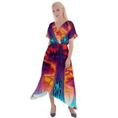 Sci-fi Fantasy Art Painting Colorful Pattern Cross Front Sharkbite Hem Maxi Dress