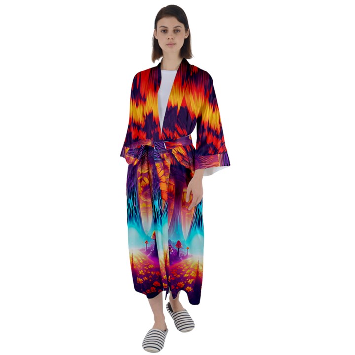 Sci-fi Fantasy Art Painting Colorful Pattern Maxi Satin Kimono