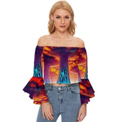 Sci-fi Fantasy Art Painting Colorful Pattern Off Shoulder Flutter Bell Sleeve Top by Ravend