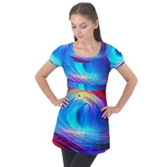 Art Fantasy Painting Colorful Pattern Design Puff Sleeve Tunic Top by Ravend