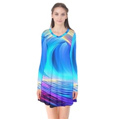 Art Fantasy Painting Colorful Pattern Design Long Sleeve V-neck Flare Dress by Ravend