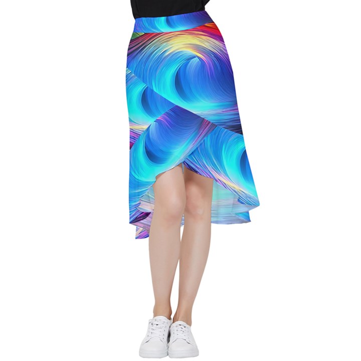 Art Fantasy Painting Colorful Pattern Design Frill Hi Low Chiffon Skirt