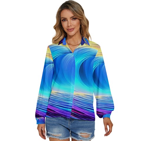 Art Fantasy Painting Colorful Pattern Design Women s Long Sleeve Button Down Shirt by Ravend