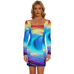 Art Fantasy Painting Colorful Pattern Design Long Sleeve Square Neck Bodycon Velvet Dress by Ravend