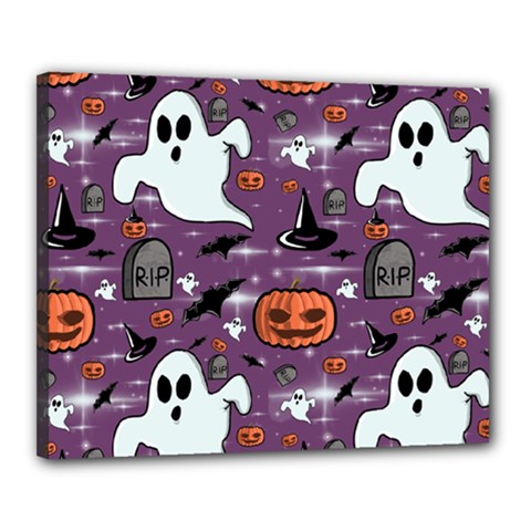 Pumpkin Ghost Witch Hat Halloween Sketch Holiday Canvas 20  X 16  (stretched) by Ravend