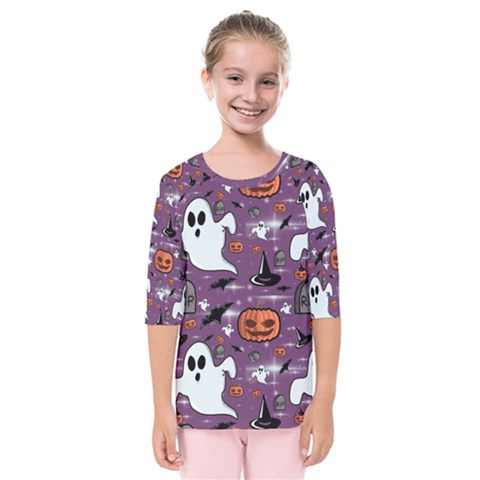 Pumpkin Ghost Witch Hat Halloween Sketch Holiday Kids  Quarter Sleeve Raglan Tee by Ravend