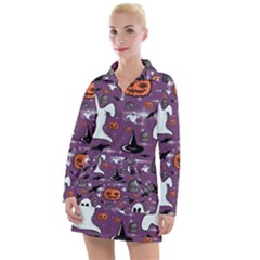 Pumpkin Ghost Witch Hat Halloween Sketch Holiday Women s Long Sleeve Casual Dress by Ravend