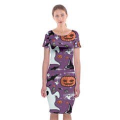 Pumpkin Ghost Witch Hat Halloween Sketch Holiday Classic Short Sleeve Midi Dress by Ravend