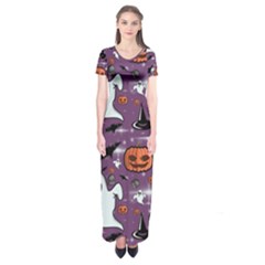 Pumpkin Ghost Witch Hat Halloween Sketch Holiday Short Sleeve Maxi Dress by Ravend