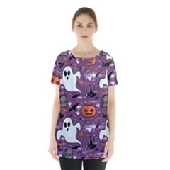 Pumpkin Ghost Witch Hat Halloween Sketch Holiday Skirt Hem Sports Top