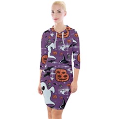 Pumpkin Ghost Witch Hat Halloween Sketch Holiday Quarter Sleeve Hood Bodycon Dress by Ravend