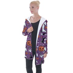 Pumpkin Ghost Witch Hat Halloween Sketch Holiday Longline Hooded Cardigan by Ravend