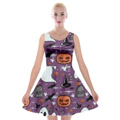 Pumpkin Ghost Witch Hat Halloween Sketch Holiday Velvet Skater Dress by Ravend