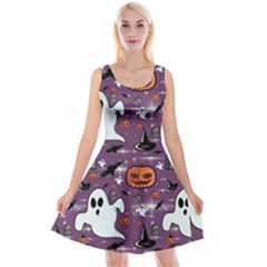 Pumpkin Ghost Witch Hat Halloween Sketch Holiday Reversible Velvet Sleeveless Dress by Ravend