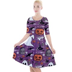 Pumpkin Ghost Witch Hat Halloween Sketch Holiday Quarter Sleeve A-line Dress by Ravend