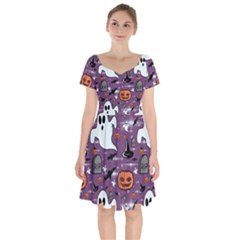 Pumpkin Ghost Witch Hat Halloween Sketch Holiday Short Sleeve Bardot Dress by Ravend