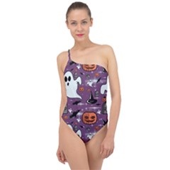 Pumpkin Ghost Witch Hat Halloween Sketch Holiday Classic One Shoulder Swimsuit by Ravend