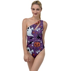 Pumpkin Ghost Witch Hat Halloween Sketch Holiday To One Side Swimsuit by Ravend