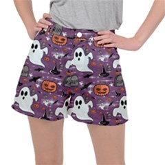 Pumpkin Ghost Witch Hat Halloween Sketch Holiday Women s Ripstop Shorts by Ravend