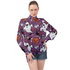 Pumpkin Ghost Witch Hat Halloween Sketch Holiday High Neck Long Sleeve Chiffon Top by Ravend