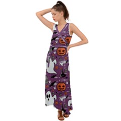 Pumpkin Ghost Witch Hat Halloween Sketch Holiday V-neck Chiffon Maxi Dress by Ravend