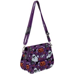 Pumpkin Ghost Witch Hat Halloween Sketch Holiday Saddle Handbag by Ravend