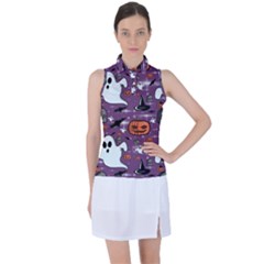 Pumpkin Ghost Witch Hat Halloween Sketch Holiday Women s Sleeveless Polo Tee by Ravend