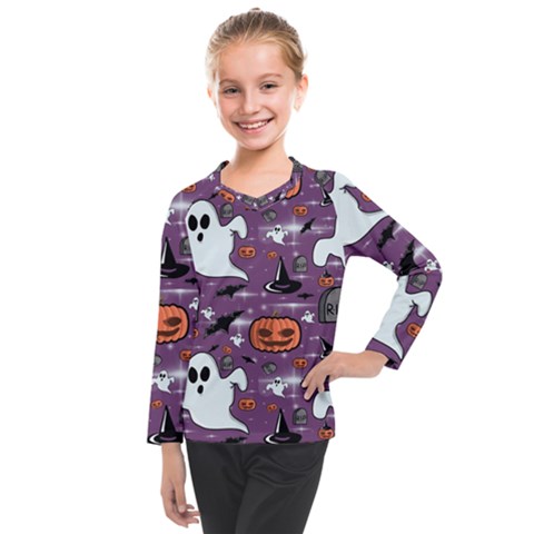 Pumpkin Ghost Witch Hat Halloween Sketch Holiday Kids  Long Mesh Tee by Ravend