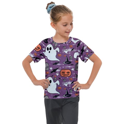 Pumpkin Ghost Witch Hat Halloween Sketch Holiday Kids  Mesh Piece Tee by Ravend