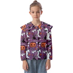 Pumpkin Ghost Witch Hat Halloween Sketch Holiday Kids  Peter Pan Collar Blouse by Ravend