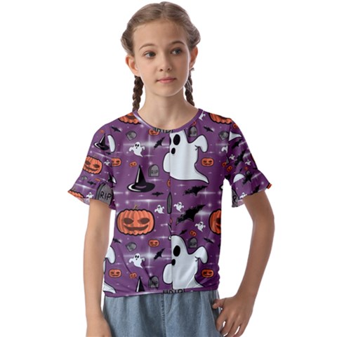 Pumpkin Ghost Witch Hat Halloween Sketch Holiday Kids  Cuff Sleeve Scrunch Bottom Tee by Ravend