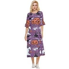 Pumpkin Ghost Witch Hat Halloween Sketch Holiday Double Cuff Midi Dress by Ravend