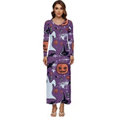 Pumpkin Ghost Witch Hat Halloween Sketch Holiday Long Sleeve Longline Maxi Dress by Ravend