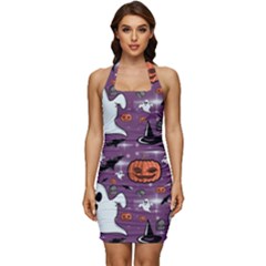 Pumpkin Ghost Witch Hat Halloween Sketch Holiday Sleeveless Wide Square Neckline Ruched Bodycon Dress by Ravend