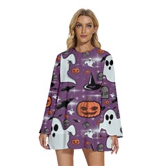 Pumpkin Ghost Witch Hat Halloween Sketch Holiday Round Neck Long Sleeve Bohemian Style Chiffon Mini Dress by Ravend