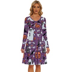 Pumpkin Ghost Witch Hat Halloween Sketch Holiday Long Sleeve Dress With Pocket by Ravend