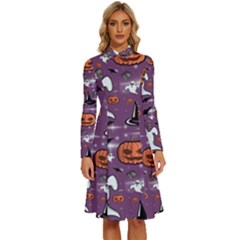 Pumpkin Ghost Witch Hat Halloween Sketch Holiday Long Sleeve Shirt Collar A-line Dress by Ravend