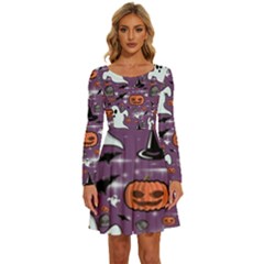 Pumpkin Ghost Witch Hat Halloween Sketch Holiday Long Sleeve Wide Neck Velvet Dress by Ravend