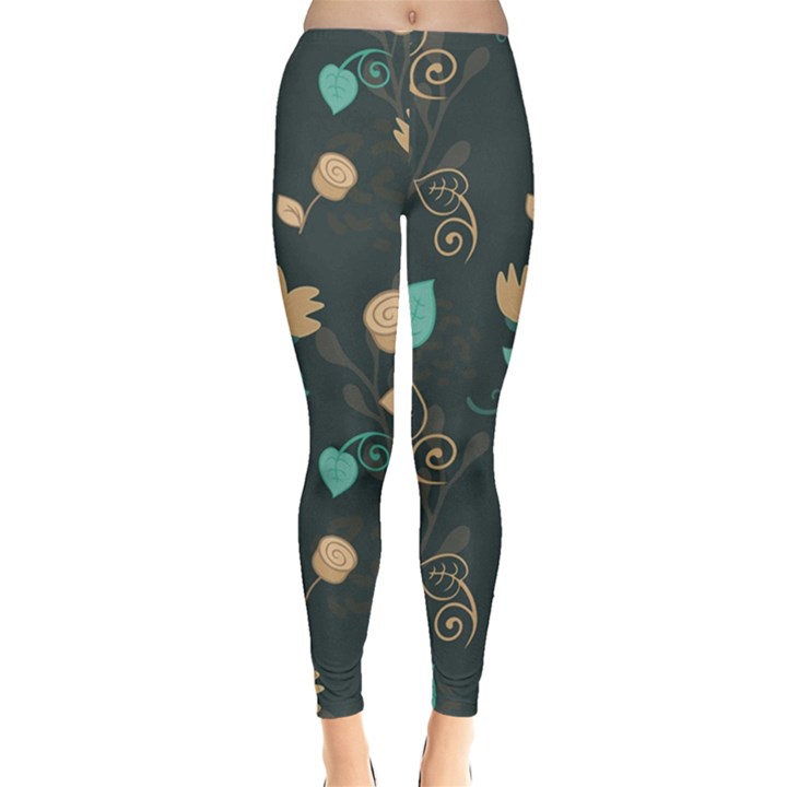 Flowers Leaves Pattern Seamless Green Background Leggings 