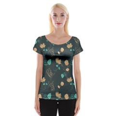 Flowers Leaves Pattern Seamless Green Background Cap Sleeve Top by Ravend