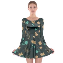 Flowers Leaves Pattern Seamless Green Background Long Sleeve Skater Dress by Ravend