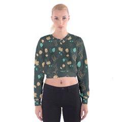 Flowers Leaves Pattern Seamless Green Background Cropped Sweatshirt by Ravend