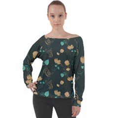 Flowers Leaves Pattern Seamless Green Background Off Shoulder Long Sleeve Velour Top by Ravend