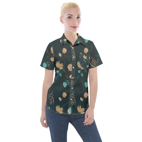 Flowers Leaves Pattern Seamless Green Background Women s Short Sleeve Pocket Shirt by Ravend