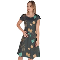 Flowers Leaves Pattern Seamless Green Background Classic Short Sleeve Dress by Ravend