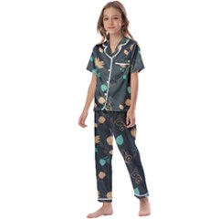 Flowers Leaves Pattern Seamless Green Background Kids  Satin Short Sleeve Pajamas Set by Ravend