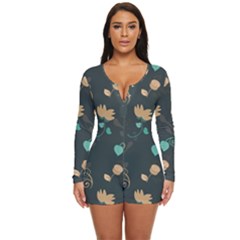 Flowers Leaves Pattern Seamless Green Background Long Sleeve Boyleg Swimsuit