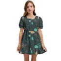 Flowers Leaves Pattern Seamless Green Background Kids  Short Sleeve Dolly Dress View1