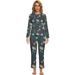 Flowers Leaves Pattern Seamless Green Background Womens  Long Sleeve Lightweight Pajamas Set by Ravend